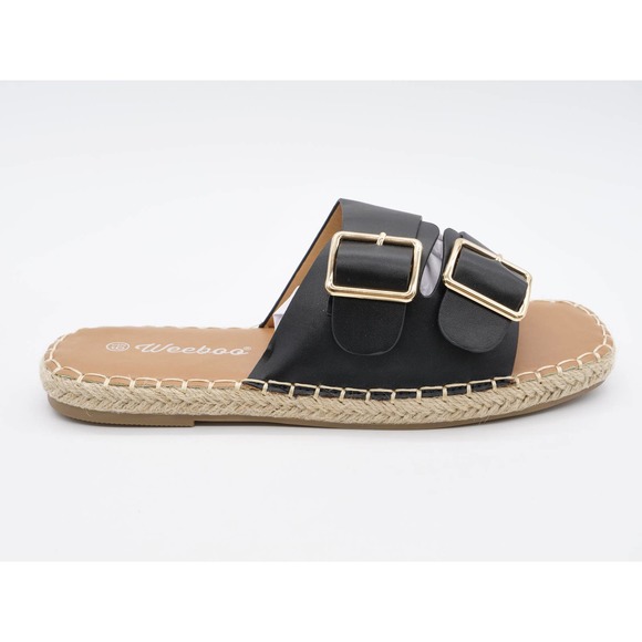 Weeboo Sandals Womens 6.5 Black Faux Leather Flat Espadrille Slides Adjustable - Picture 4 of 10